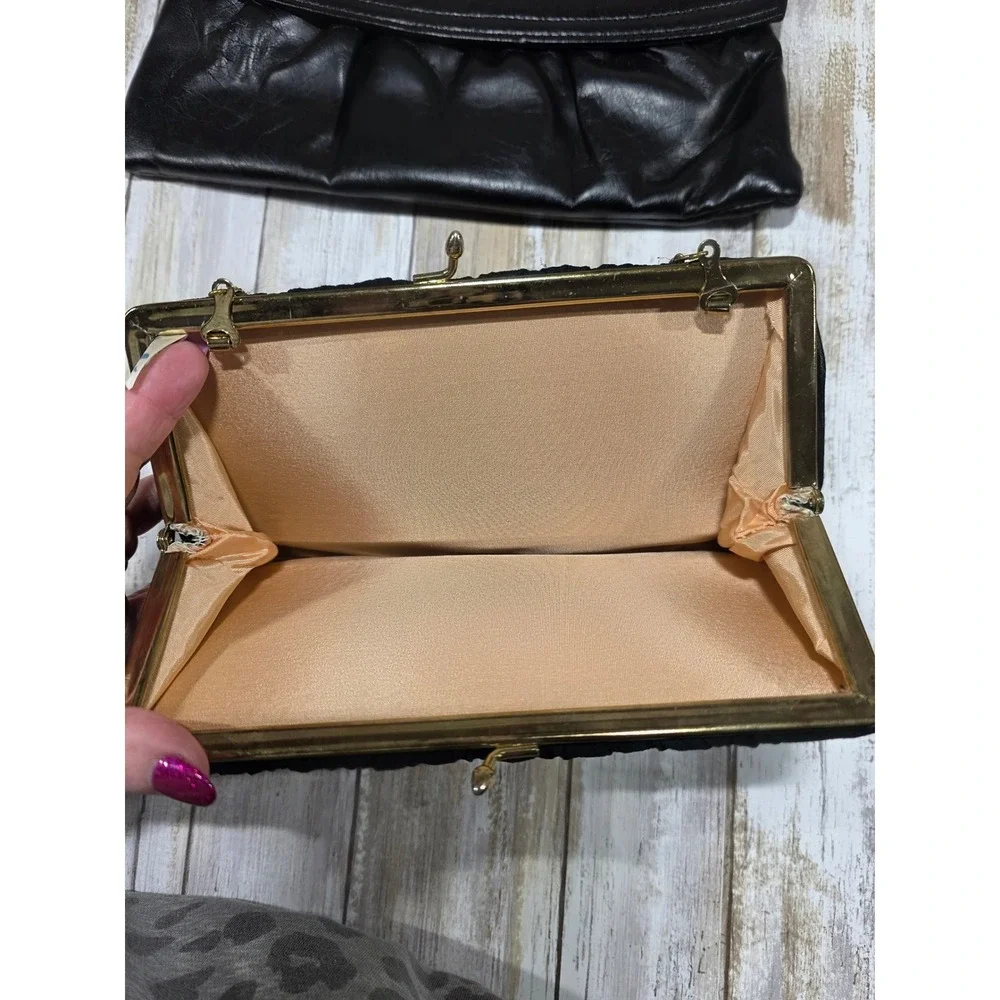 Vintage Black Leather Clutch‎ Handbag Shoulder Strap Evening Bag & HL USA Bag